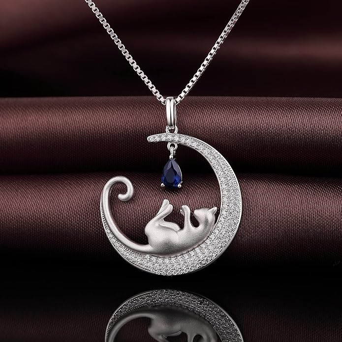 jiamiaoi 18K White Gold Plated Cat Necklace 925 Sterling Silver Diamond Cat Necklace Silver Cat On Moon Necklace for Women Gift for Birthday/Christmas, Come with Gift Box