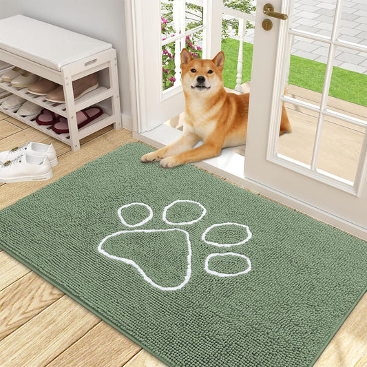 OLANLY Door Mat for Muddy Dog Paws 48x30, Absorbent Chenille Doormat with Paw Print Design, Non-Slip Washable Doormat for Indoor Entryway, Quick-Dry Pet Bed Mats for Dirty Dogs, Olive Green and White