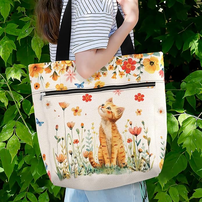 Waterproof Tote Bag with Pockets and Zipper for Work. Shoulder Bag for Women. Gift for Cat Lover Cat Owner.