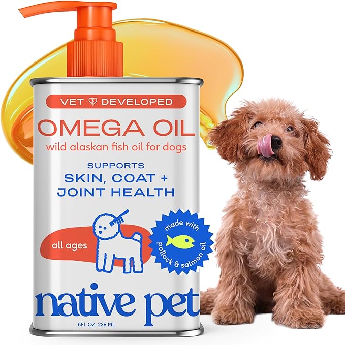Native Pet Omega 3 Fish Oil for Dogs & Cats - Promotes Healthy Skin, Shiny Coat, & Strong Joints - Made with Wild Alaskan Salmon Oil for Dogs – Tasty, Fast-Absorbing Omega 3 6 9 Liquid Supplement-16oz