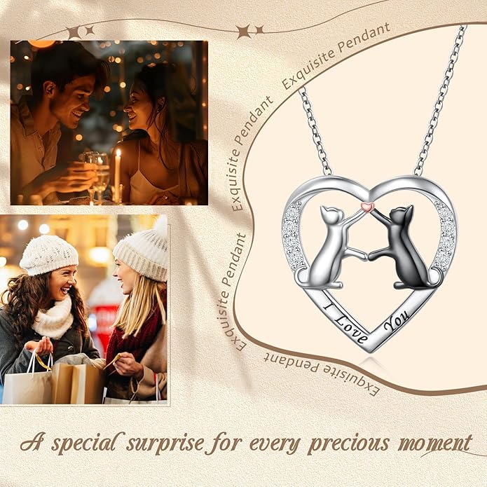925 Sterling Silver Cat Necklace for Women Small Red Heart Cat Jewelry Pendant Necklace with Cubic Zirconia Dainty Double Cat Necklace Birthday Anniversary Christmas Gifts for Women