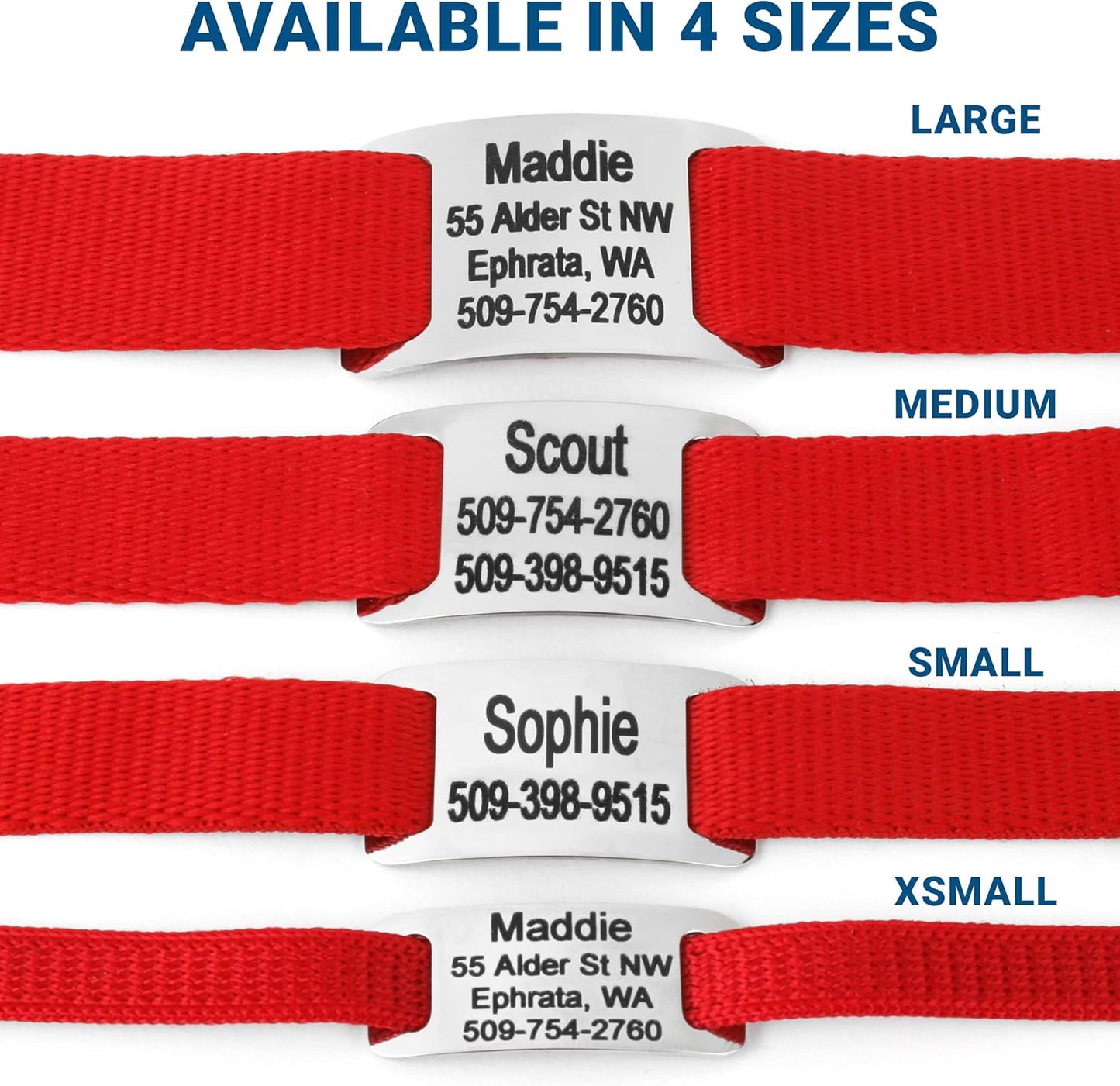 GoTags Personalized Dog Collar with Nameplate, Adjustable Dog Collar with Custom Engraved Slide On Pet ID Tag in Stainless Steel, Silent, No Noise Dog Tag for Large Medium and Small (Red, X-Small)