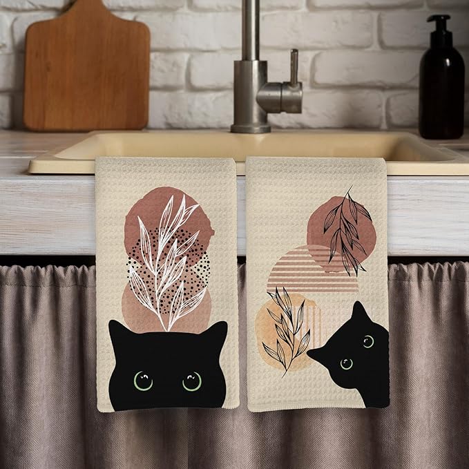 Abstract Boho Botanical Black Cat Kitchen Towels Set of 3, Cat Lover Mom Lady Gifts Decorative Dish Tea Towels, Boho Neutral Mid Century Modern Hand Towels for Bathroom Decor, 16X24In