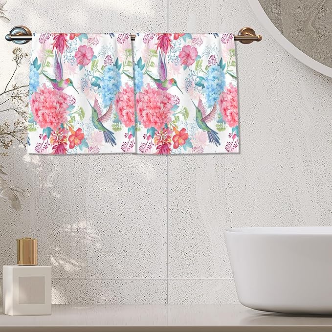 Hummingbirds Hand Towels Set of 2,Tropical Flowers Bath Hand Towels for Bathroom Decorative Soft Absorbent Dish Towels for Kitchen Bathroom Gym Hotel Spa Sport 16x24 Inches