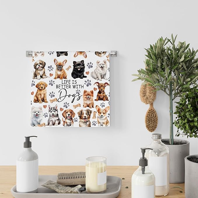 Watercolor Dog Kitchen Towels for Women Lovers, Life is Better With Dogs Decor, Mom Owner Gift Tea Hand Towels 16x24 Inch