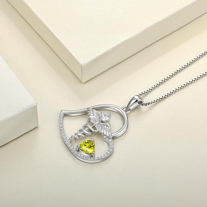 YL Caduceus Heart Necklace Sterling Silver Doctor Nurse Themed Pendant Gemstones Angel Wings Snake Jewelry for Women