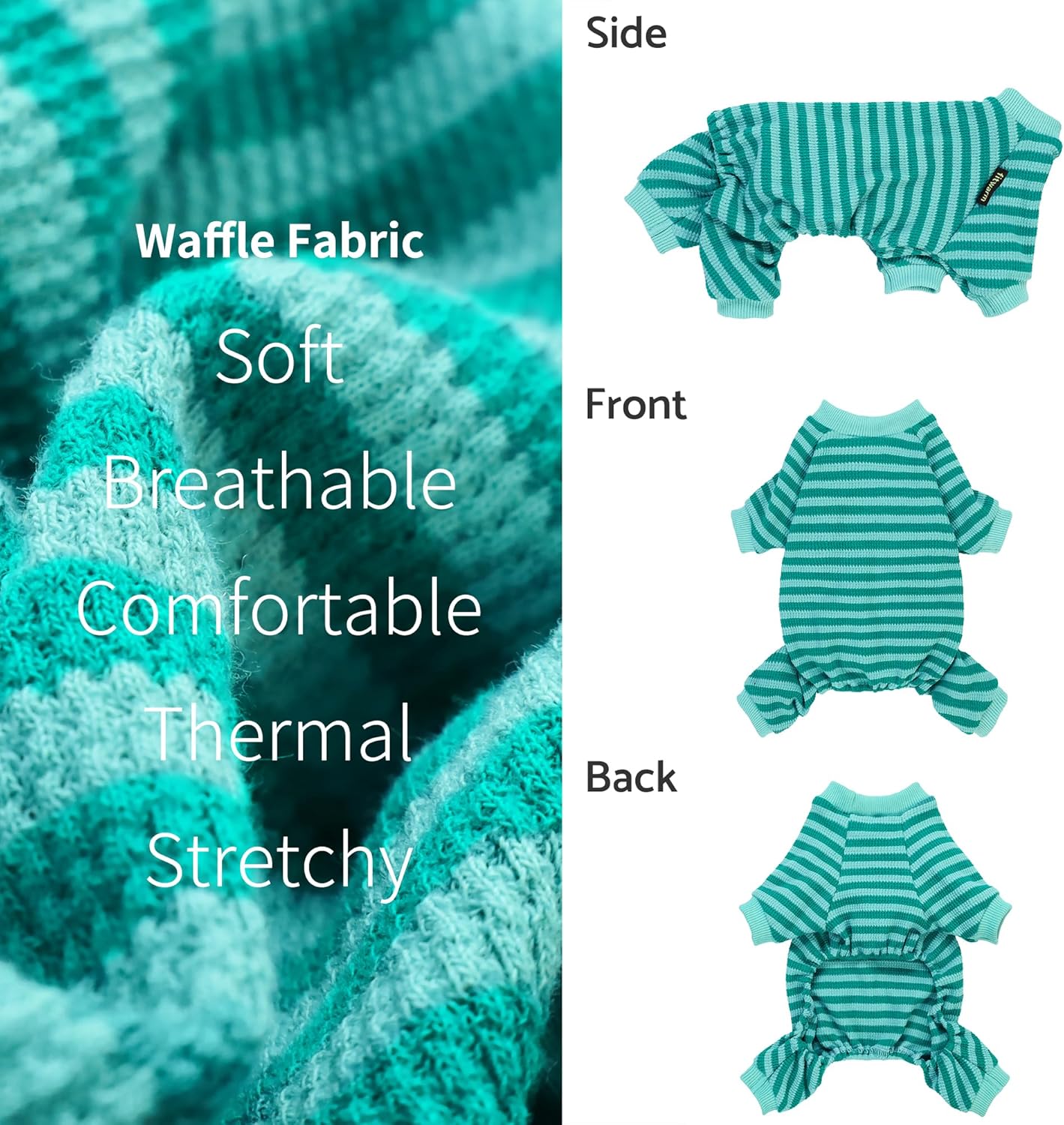 Fitwarm Green and Teal Striped Dog Pajamas, Waffle Dog Clothes for Small Dogs Girl Boy, Puppy Onesie with Feet, Pet Cat Outfit, Small