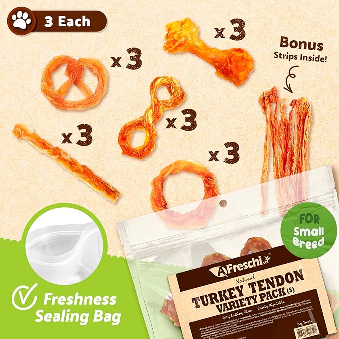 Afreschi Turkey Tendon Variety Pack (S) 8 oz, USA-Sourced Turkey Tendon, All Natural Puppy Chew, Hypoallergenic, Rawhide Alternative
