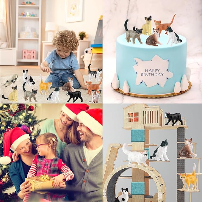 12PCS Realistic Cat Figurines, Plastic Mini Cat Figures Toys, Kitten Miniature Toys Cake Topper Easter Eggs Christmas Birthday Gift for Kids Boys Girls