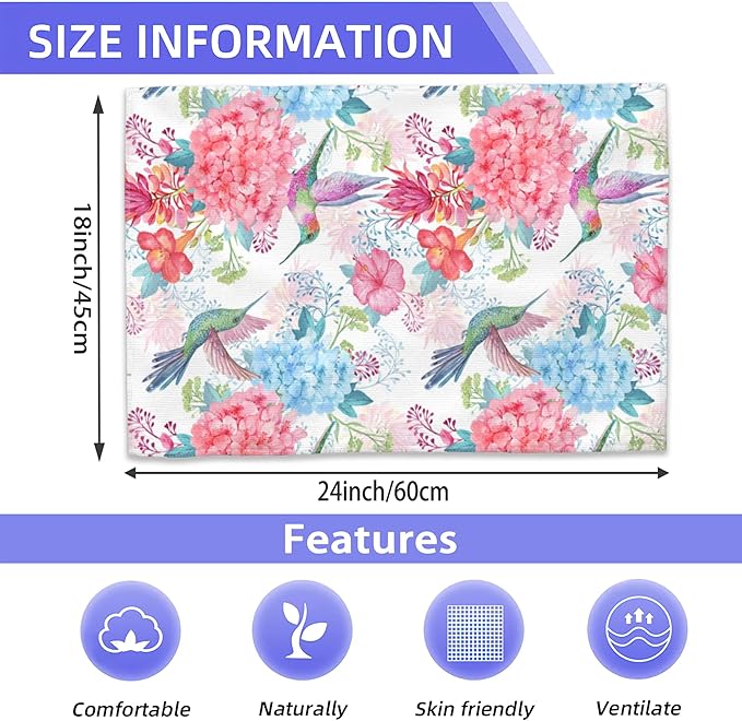Hummingbirds Hand Towels Set of 2,Tropical Flowers Bath Hand Towels for Bathroom Decorative Soft Absorbent Dish Towels for Kitchen Bathroom Gym Hotel Spa Sport 16x24 Inches