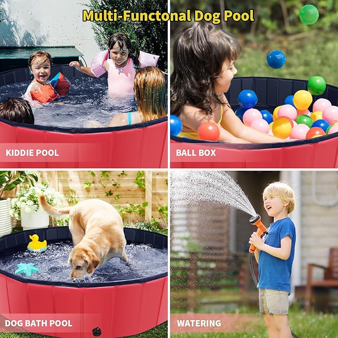 Foldable Dog Pool, 55" x 12" Kiddie Pool with Hard Plastic, Non-Slip Dog Bath Tub for Outdoor Backyard, Collapsible Dog Swimming Pool for Kids Dogs Pets (Red)