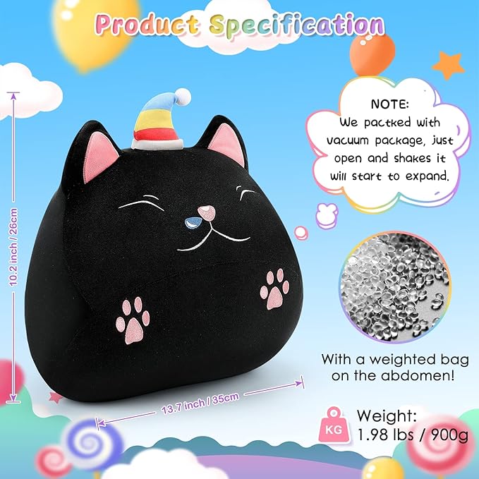 Weighted Cat Stuffed Animal, 13 Inch Drowsy Black Cat Cute Plushie Toy, 2lbs Kitten Plush Toys Soft Stuffed Animal Pillow, Gift for Kids, Teens, and Adults