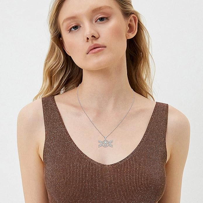 Witch Necklace 925 Sterling Silver Pentagram Triple Moon Pentacle Pendant Wiccan Pagan Jewelry Witchy Gifts for Women