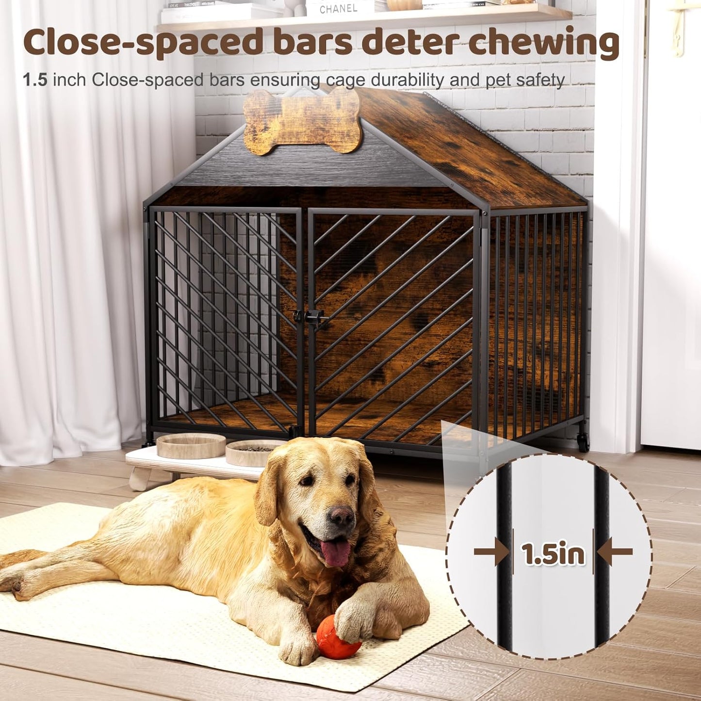 Heavy Duty Dog Crate Furniture for Large Breed - 39.4" Chew-Proof Kennel with Gable Roof, Double Door Escape-Proof Indoor Dog Cage, Rustic Brown