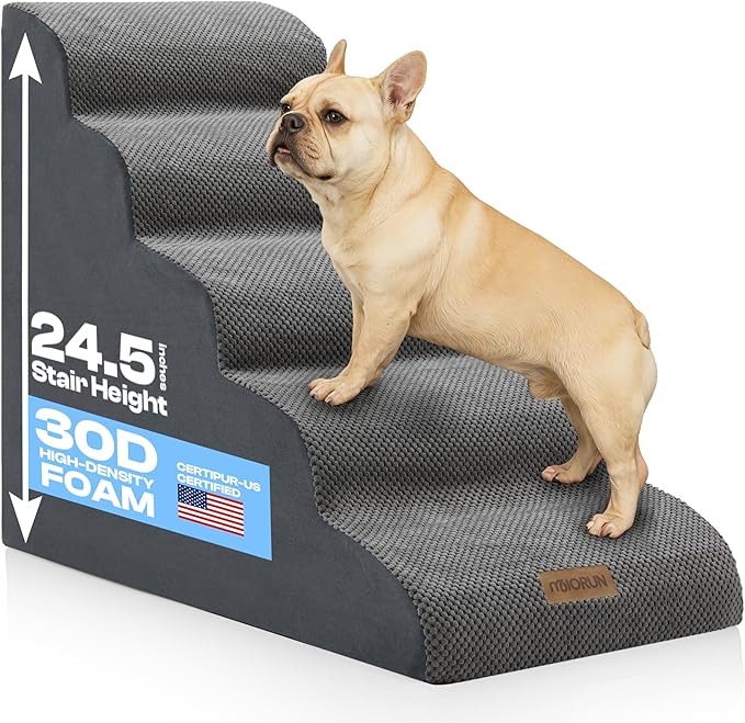 5-Step Curved Dog Stairs for High Beds Up to 30", Non-Slip Foam Pet Ramp for Large Dogs and Cats, Washable Cover, Soft Climbing Steps for Couch & Sofa