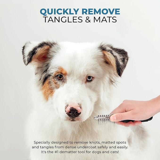 Poodle Dematting Fur Rake Comb Brush for Dogs and Cats - Long 2.5" Steel Safety Blades Metal Comb for Detangling Matted or Knotted Undercoat Hair