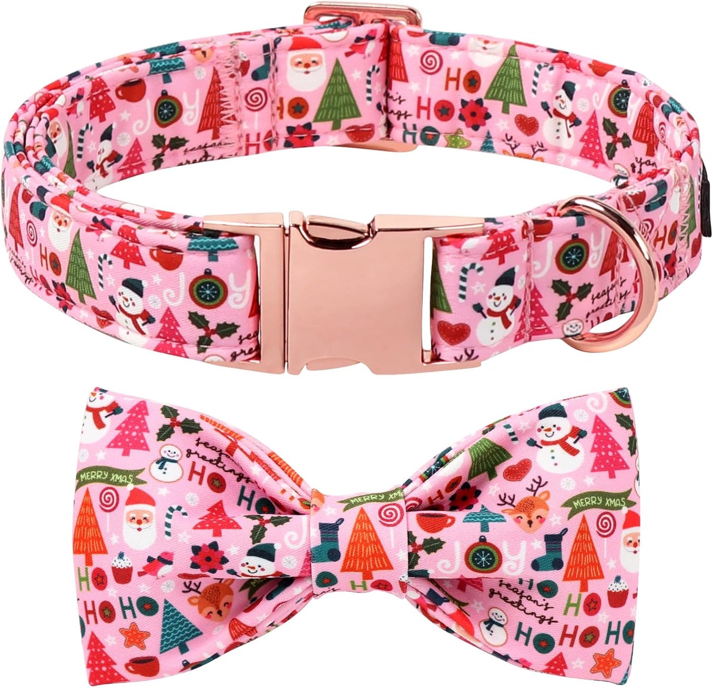 Lionet Paws Christmas Dog Collar with Bow tie,Cute Ho Christmas Tree Snowman Pink Dog Collar Bow Tie for Dogs Female, Small, Neck 10-16 inches