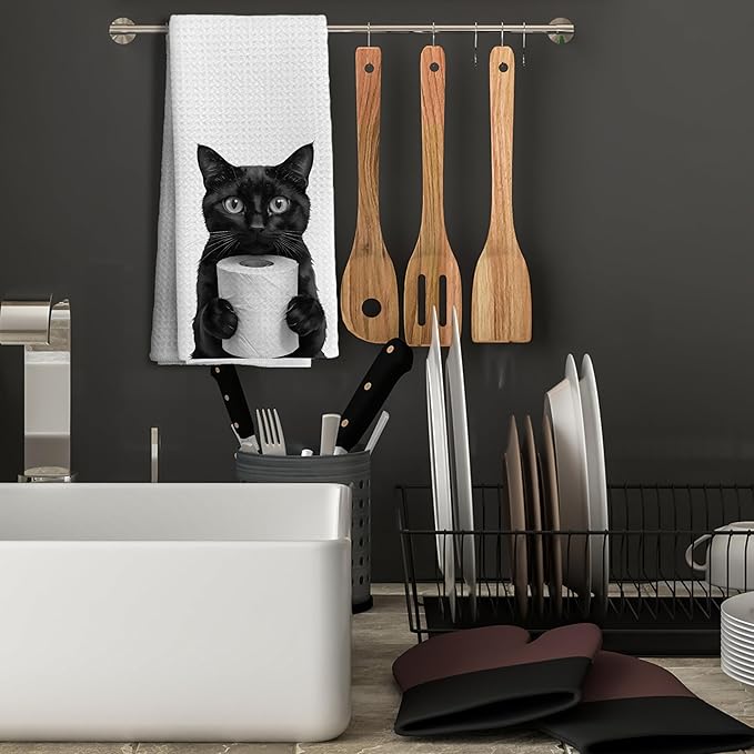 Funny Black Cat Hand Towels, Cat Bathroom Decor, Cats Lover Mom Lady Gifts Hand Towels for Bathroom Kitchen Decor, Cute Black Kitten Decorative Kitchen Dish Tea Towels, 16x24 Inch