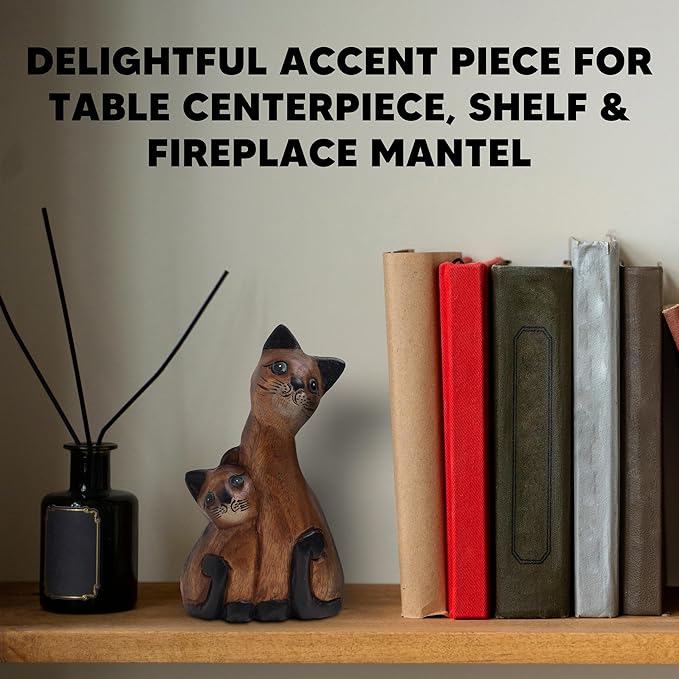 Wooden Cat Figurine Home Decor - Hand Carved Cat Gifts for Cat Lovers - Cat Statue Figure - Cat Decor for Home Office Accessories - Wood Cat Collectible Sculpture - Feline Cat Gift for Women