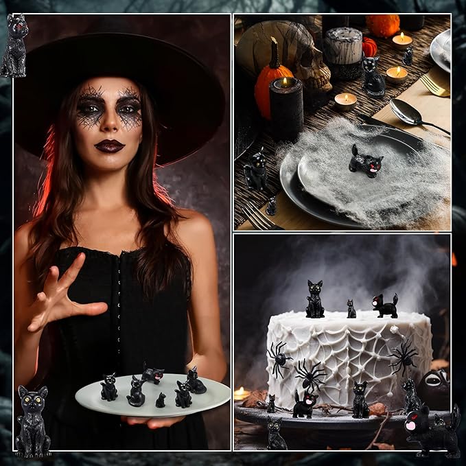 Wesiti 20 Pcs Mini Statue Decor Resin Black Cat Ghost Bat and Raven Figurines Horror Gothic Outdoor Home Lawn Decor Miniature Tombstone Scene Party Favor(Stylish)