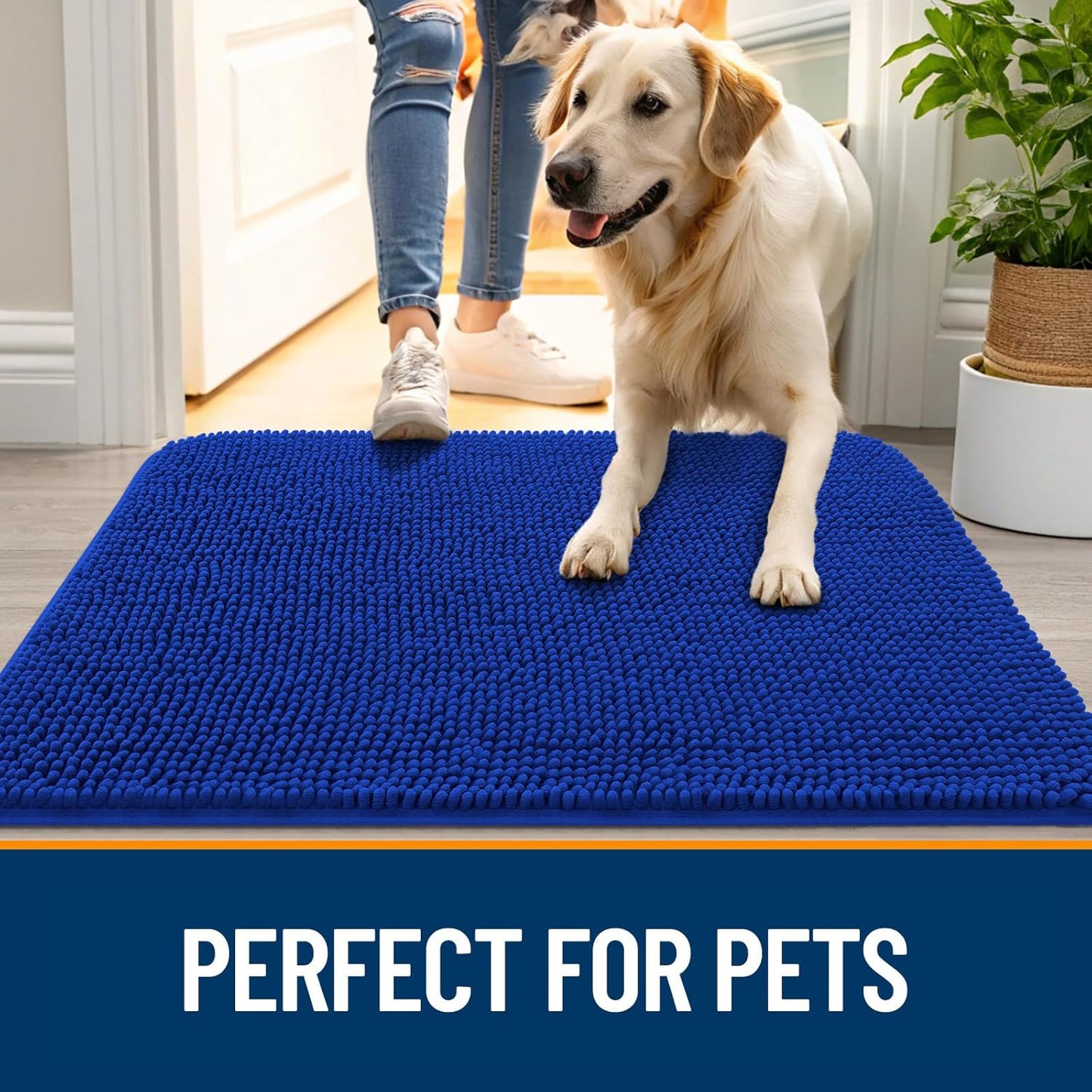OLANLY Dog Door Mat for Muddy Paws 59x35, Absorbs Moisture and Dirt, Absorbent Non-Slip Washable Doormat, Quick Dry Chenille Mud Mat for Dogs, Entry Indoor Entryway Carpet for Inside Floor, Royal Blue