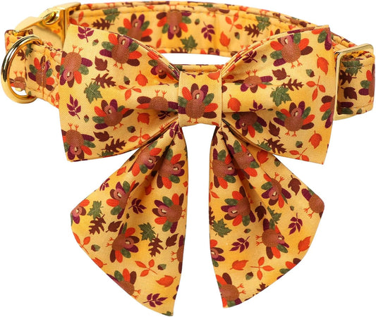 Lionet Paws Thanksgiving Day Dog Collar with Bowtie, Dogs Sailor Bow Collar with Metal Buckle for Dogs, Adjustable Comfortable Dog Collars Girl, XL, Neck 16-26 in