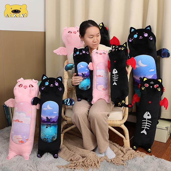 AIXINI Long Cat Plush Pillow Cartoon Cute Black Cat Stuffed Animals, Soft Kawaii Kitten Plushies Pillow Toy for Kids (Moonlight Black,19.7inch)