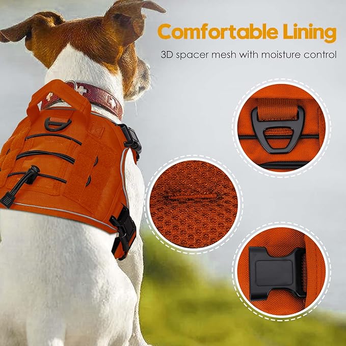 Heavy-Duty Tactical Dog Harness for Large Dogs, No Pull Adjustable Reflective Pet Vest with Molle System, K9 Military-Grade Control for Service Training, Outdoor & 10+ Breeds, Orange, Medium