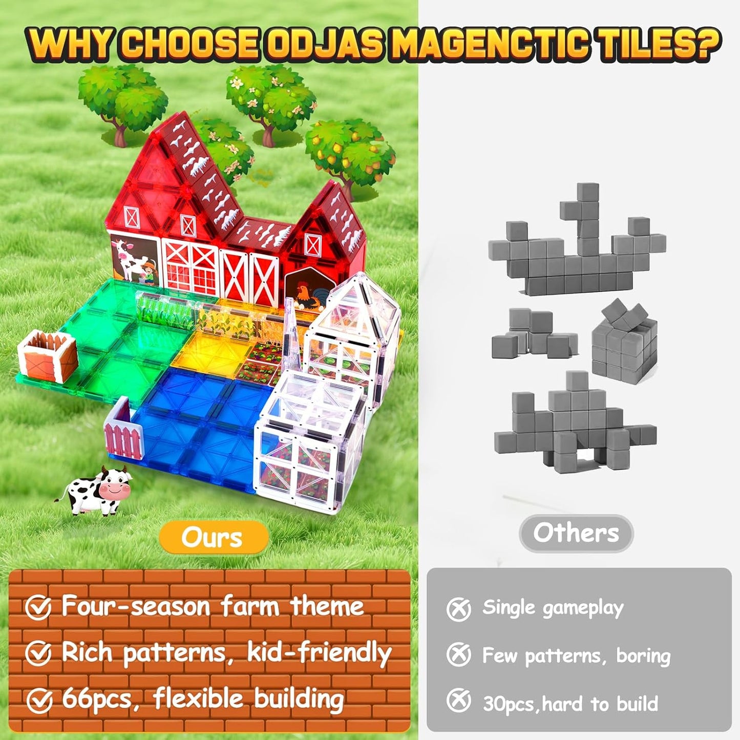Magnetic Tiles Farm Animal Toys 66P - Build 4-Seasons Farm Scene, Farm Magnetic Blocks for Kids Ages 3-5 4-8 Boys Girls, STEM Magnet Toys for Classroom Indoor Outdoor, Kids Gift for Birthday Christmas