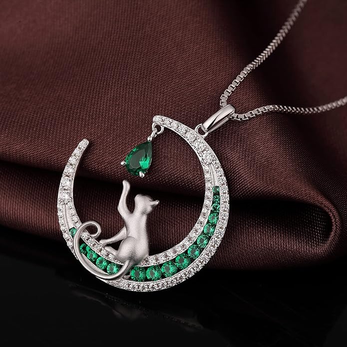 jiamiaoi 18K White Gold Plated Cat Necklace 925 Sterling Silver Diamond Cat Necklace Silver Cat On Moon Necklace for Women Gift for Birthday/Christmas, Come with Gift Box