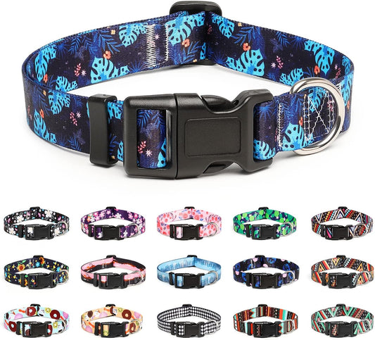 Mercano Adjustable Dog Collar - Special Design Patterns, Soft Nylon Comfortable Durable Pet Collar for Small Medium Large Dogs (M, Monstera)
