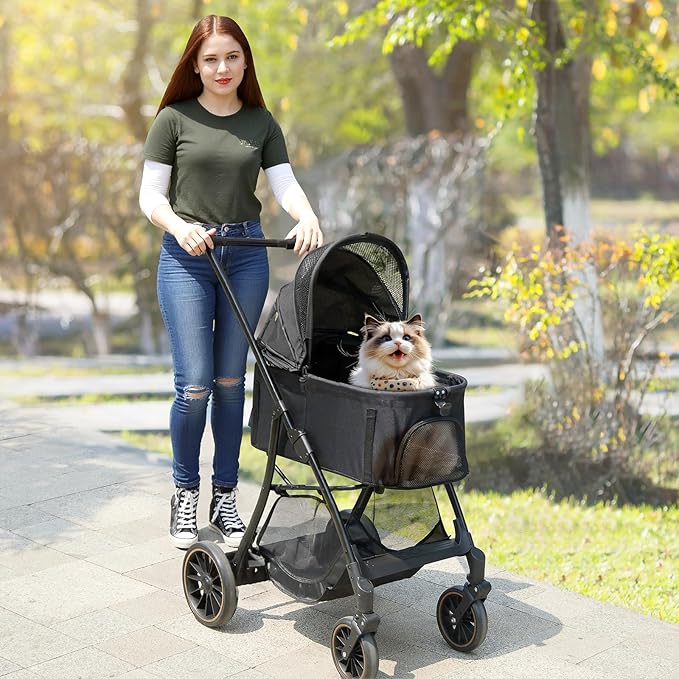 Pet Stroller for Small/Medium Dogs & Cats up to 55 lbs, Upgraded 4 Wheels Dog Stroller for Large Dogs, 3-in-1 Foldable Portable Travel Carrier for 2 Cats with Storage Basket and Cupholder