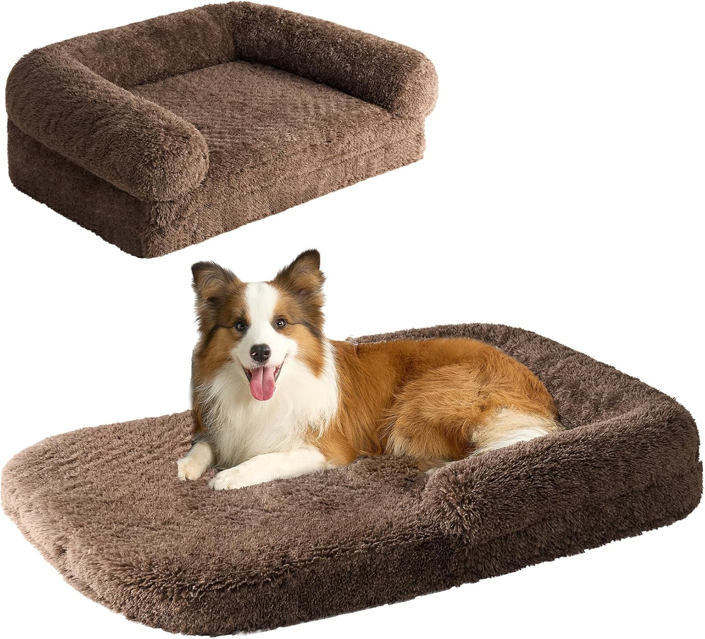 EHEYCIGA Foldable XXL Dog Bed, Faux Fur Fluffy Pet Couch Bed for Extra Large Dogs, Orthopedic Calming Memory Foam Big Pet Bed, Washable Soft Pet Sofa Bed with Non-Slip Bottom, Brown, 54"x38"x7.5"