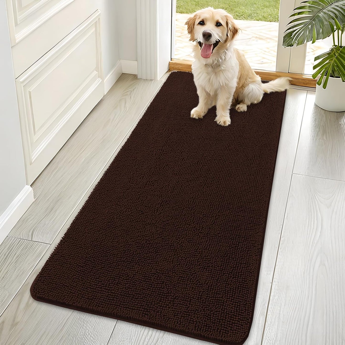 OLANLY Dog Door Mat for Muddy Paws 70x35, Absorbs Moisture and Dirt, Absorbent Non-Slip Washable Doormat, Quick Dry Chenille Mud Mat for Dogs, Entry Indoor Entryway Carpet for Inside Floor, Brown