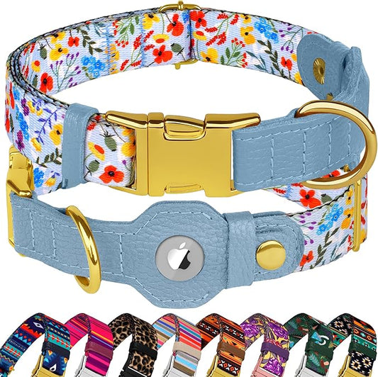 AirTag Dog Collar for Small Medium Large Breed - Adjustable Cute Pattern Dog Collar with Airtag Holder - Soft Leather Tracker GPS Apple Air Tag Pet Collars (X-Large, 20"-25" Neck Fit, Floral)
