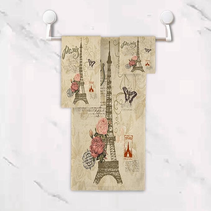 Vintage Paris Butterfly Eiffel Tower 3-Piece Bath Towel Set, Soft Absorbent Cotton, Fast Dry Home Family