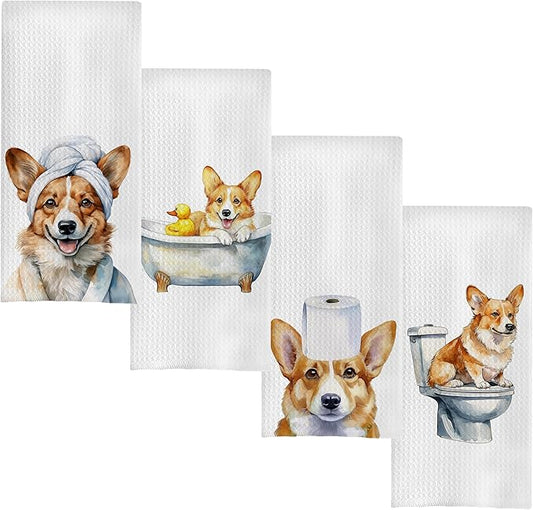 Funny Corgi Bathroom Hand Towels, Corgi Gifts for Women Dog Lovers Decorative Hand Towels for Bathroom, Funny Corgis Puppy Dog Kitchen Towels, 16x24 Inch Set of 4