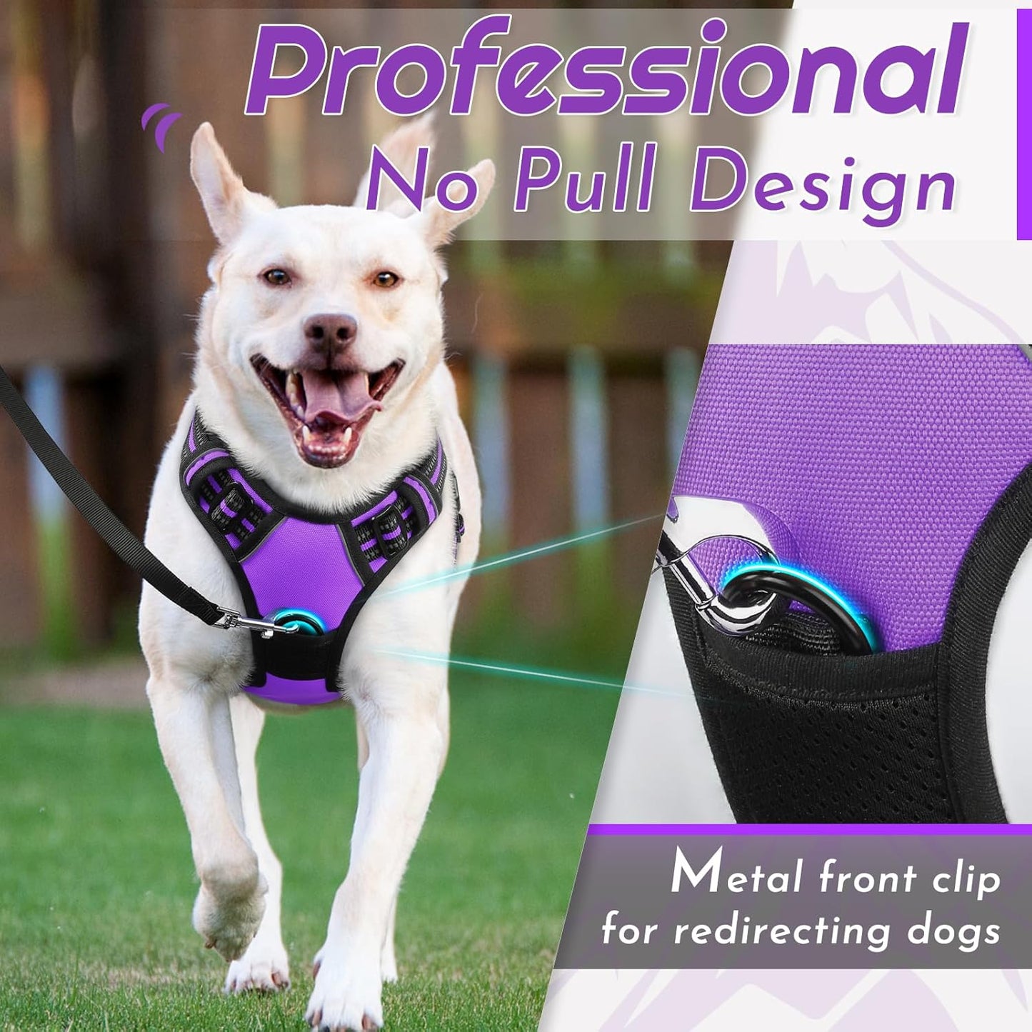 Eagloo Dog Harness for Large Dogs, No Pull Service Vest with Reflective Strips and Control Handle, Adjustable and Comfortable for Easy Walking, No Choke Pet Harness with 2 Metal Rings, Purple, L
