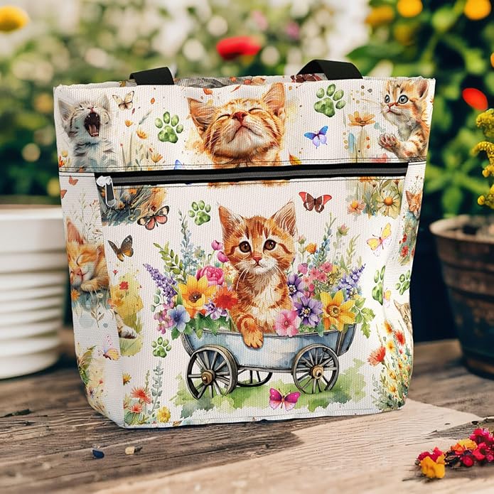 Waterproof Tote Bag with Pockets and Zipper for Work. Shoulder Bag for Women. Gift for Cat Lover Cat Owner.
