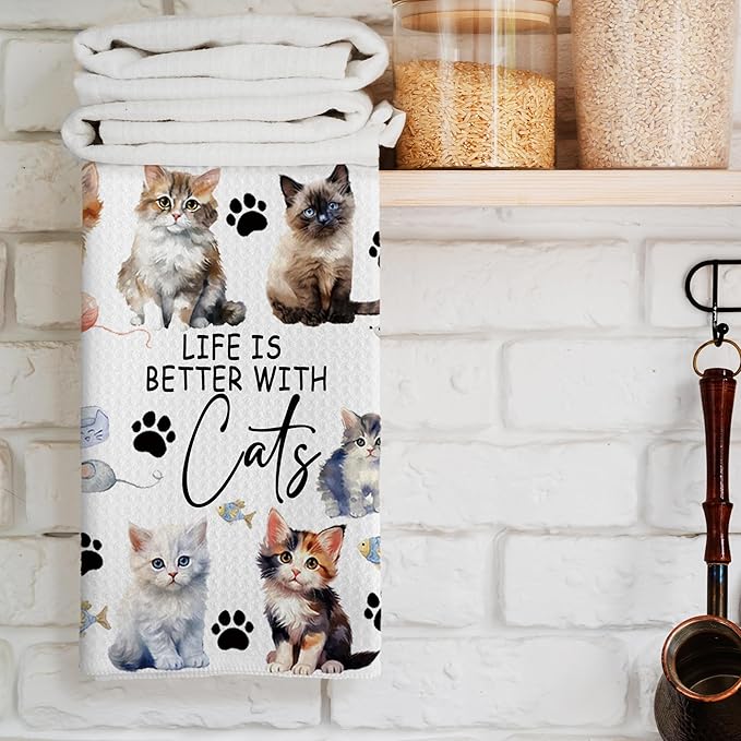 Watercolor Cat Gifts Kitchen Towels, Cat Gifts for Women, Cat Gifts for Cat Lovers, Best Cat Mom Gift, Life is Better with Cats Kitty Decoration Tea Towels Kitchen Hand Towels 16x24 Inch