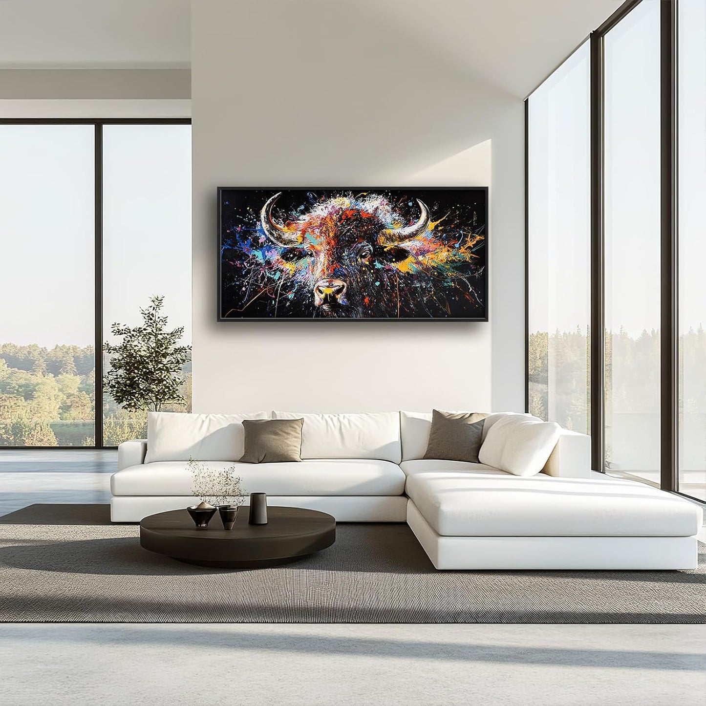 Framed Large Bison Buffalo Wall Art for Living Room, Oversized Graffiti Yak Cow Wall Decor Banksy Bull Canvas Painting Animal Pictures Modern Artwork for Living Room Bedroom Office 60"x30"