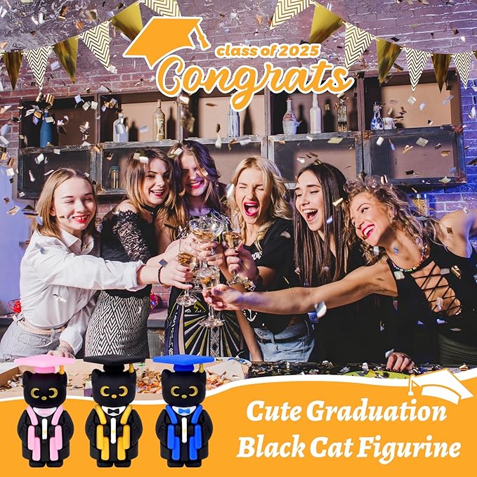 Graduation Cat Figures, 2025 Graduation Party Favors 20PCS Mini Resin Black Cat with Cap Grad Gift for Her Him