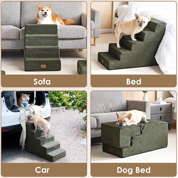 EHEYCIGA Dog Stairs for Small Dogs 13.5" H, 3-Step Dog Steps for Couch Sofa and Chair, Pet Steps for Medium Cats, Non-Slip Balanced Pet Ramp Indoor, Olive Green