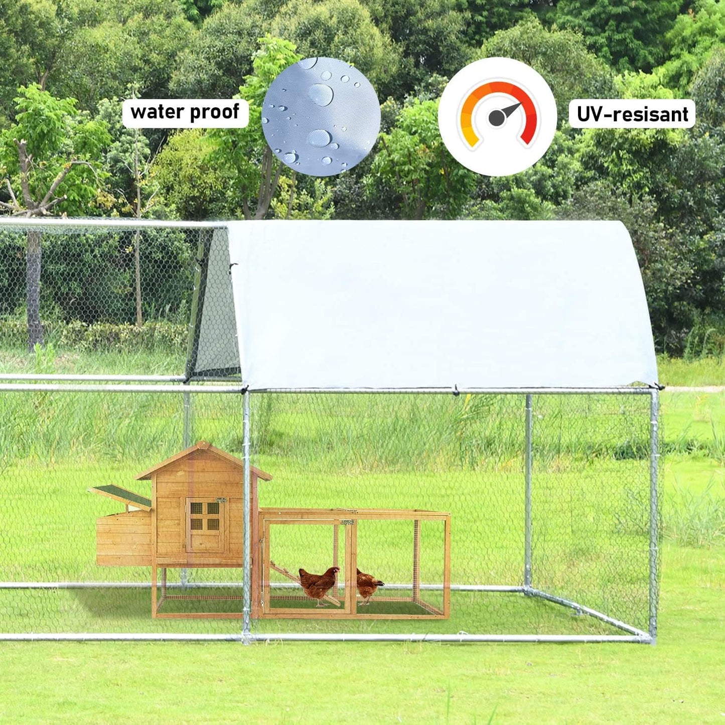 4ever2buy 1.26’’ Large Metal Chicken Coop Run Walk in, Chicken Pen for Chickens, Outdoor Chicken Runs Coops, Flat Roofed Chicken Runs for Yard with Anti-Ultraviolet Cover (9.2’L x18.7’Wx 6.4’H)