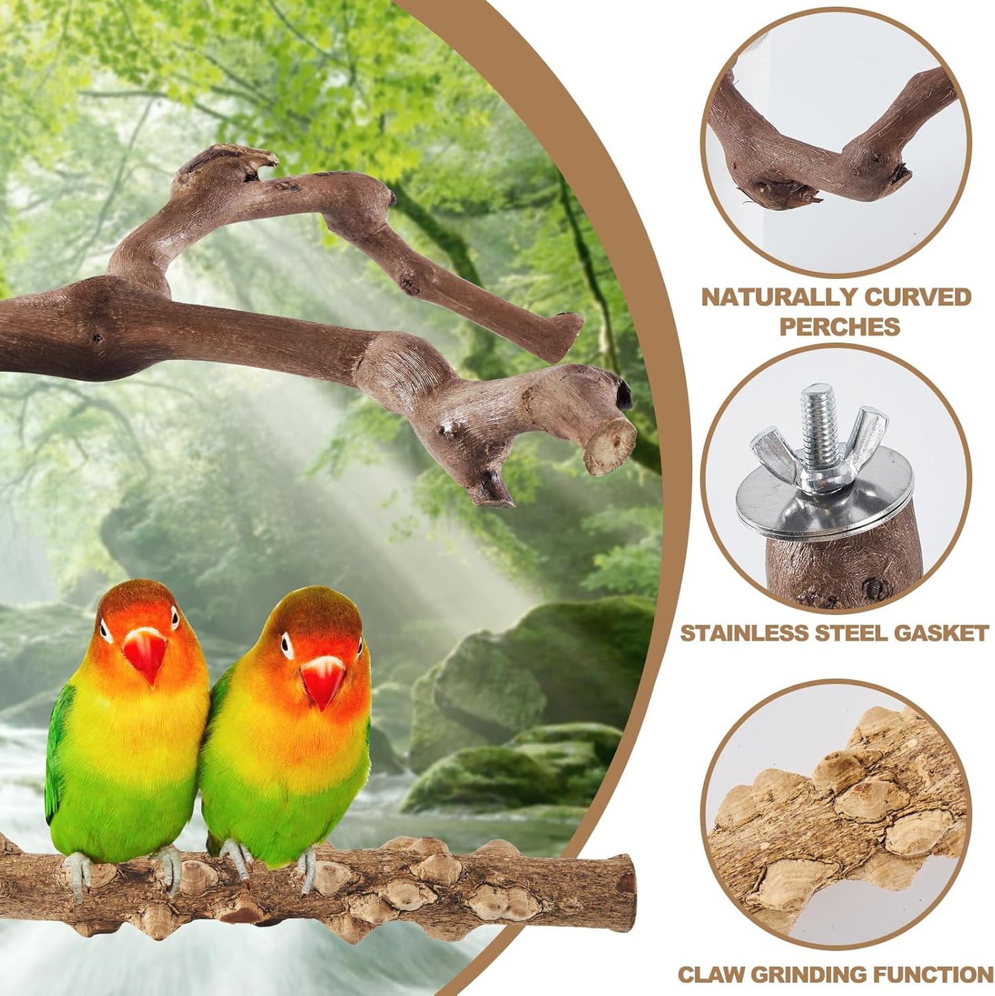 6-Piece Bird Perch Set - Natural Wood Grape Sticks, Paw Grinding Forks, Bird Stand & Toys for Parakeets, Cockatiels, Conure, Budgies