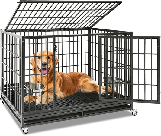 48 Inch Heavy Duty Dog Crate, Indestructible Escape Proof Big Cage for High Anxiety Large Dogs, Stackable & Collapsible XL Dog Kennel Indoor with Wheels,Dual Trays,Adjustable Bowl,Top Access