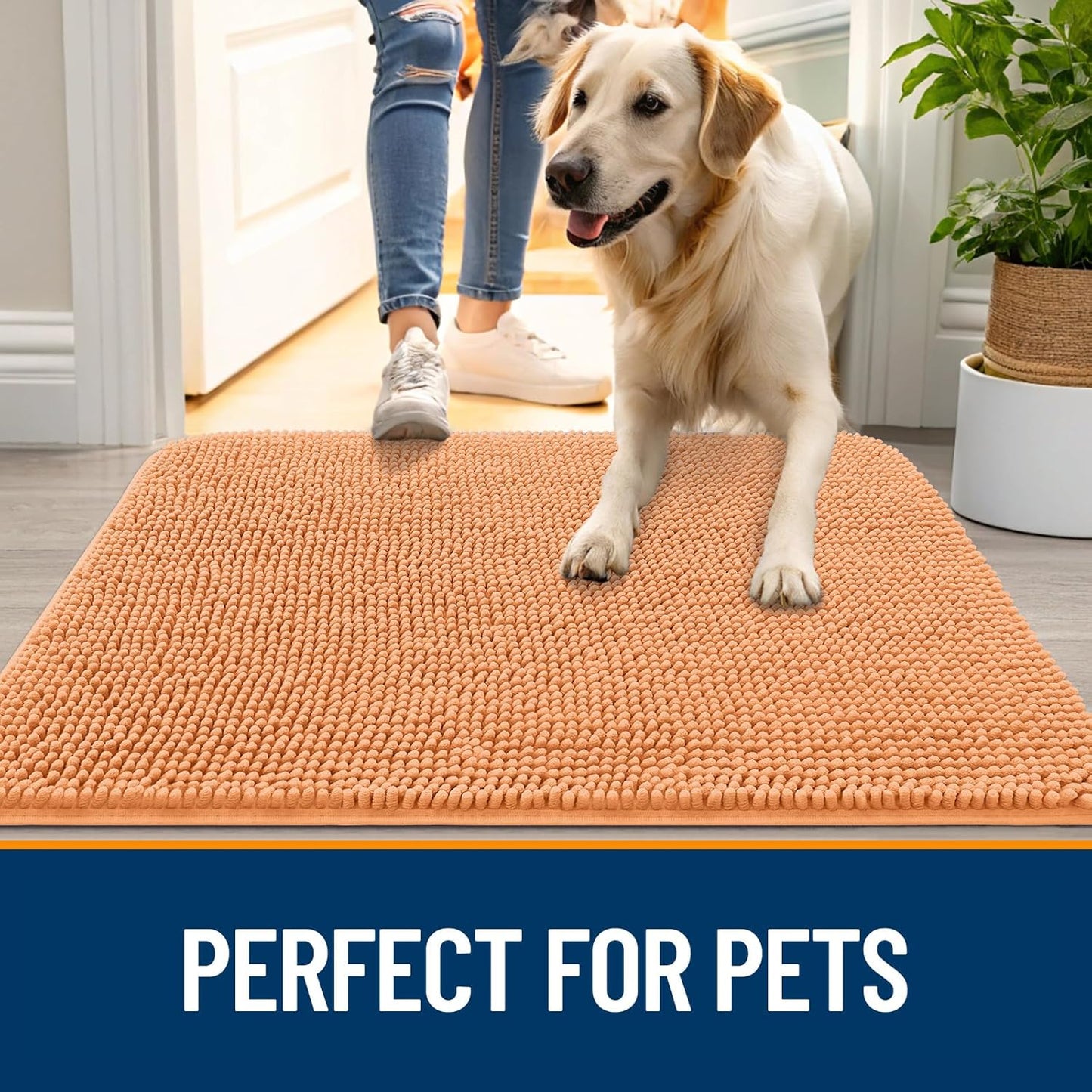 OLANLY Dog Door Mat for Muddy Paws 44x32, Absorbs Moisture and Dirt, Absorbent Non-Slip Washable Doormat, Quick Dry Chenille Mud Mat for Dogs, Entry Indoor Entryway Carpet for Inside Floor, Orange