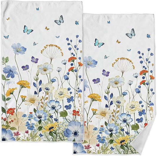 kampdream Faxdong Floral Hand Towel Set of 2, Watercolor Wildflower Botanical Plant Leaves Design Soft Absorbent Towels for Home Hotel Gym Spa Bathroom, Multi1 16×27 inch