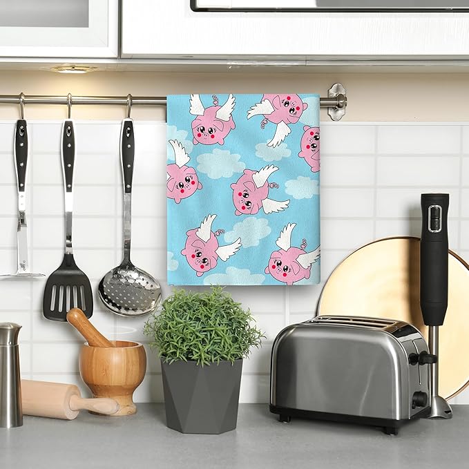 Funny Flying Piggies Kitchen Towels Decorative Set, Absorbent Cute Piggy Hand Tea Dish Towels, Pig Kitchen Decor, Gift for Pig Lovers Women Girls Set of 2 16x24 Inch