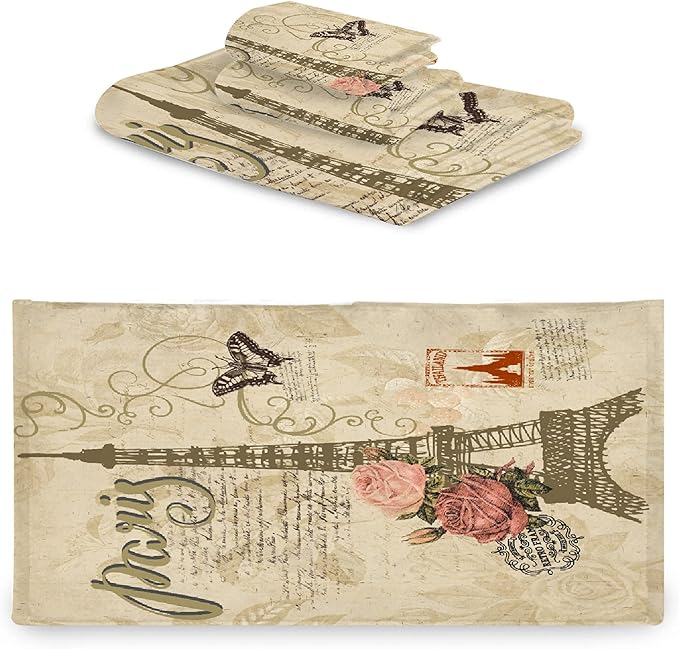 Vintage Paris Butterfly Eiffel Tower 3-Piece Bath Towel Set, Soft Absorbent Cotton, Fast Dry Home Family